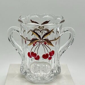 MOSSER Glass Cherry Thumbprint Celery Vase Double Handle Clear Red Gold 5.5"